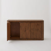 Inside view of Oslo 3-Door Buffet in aged brown oak finish